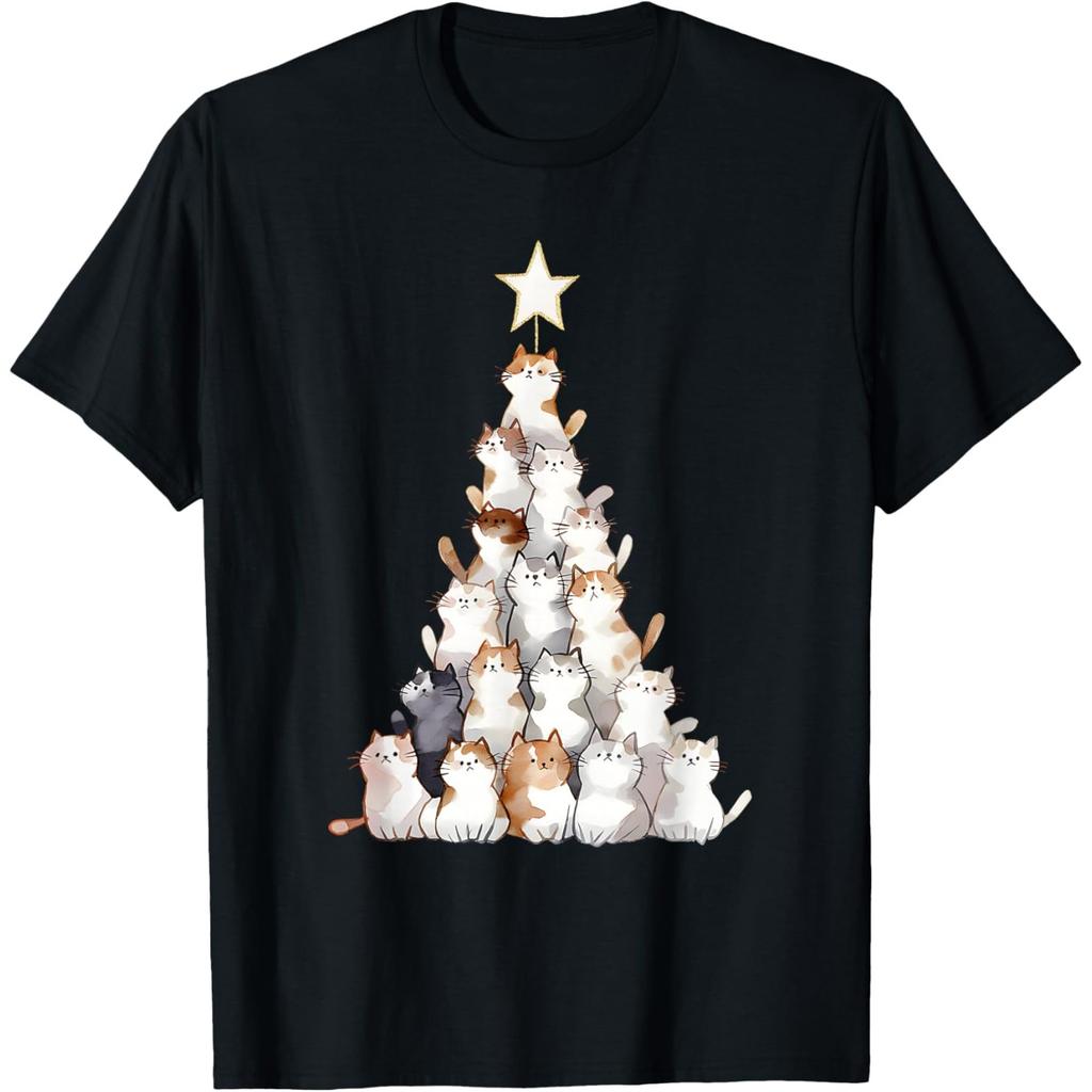 Cat Christmas Tree Graphic Tee Funny Cute Cats Stacked T-Shirt Casual Crewneck Short Sleeve Top