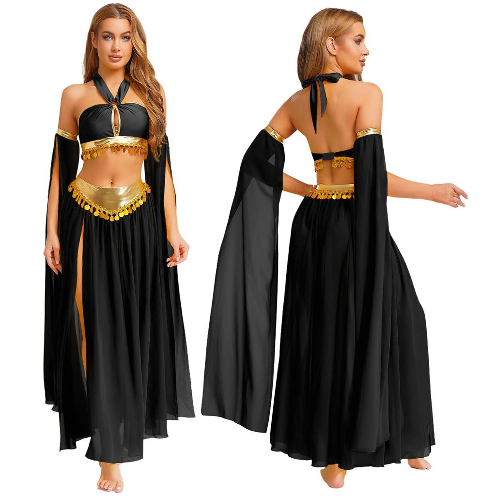 Women's Belly Dance Costume Set: Self-Tie Halter Crop Top with Built-In Briefs & Side Slit Chiffon Skirt + Removable Split Sleeves