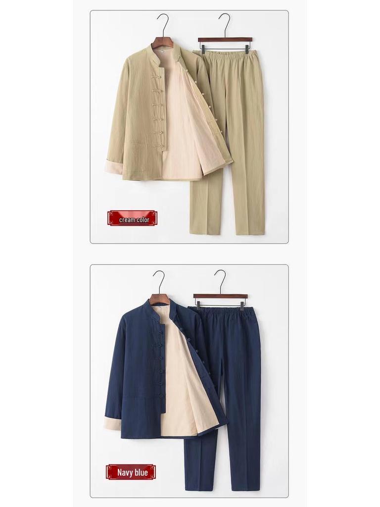 Men's Double-Layer Cotton Linen Tang Suit Set for Autumn/Winter: Zen Meditation & Tea Wear