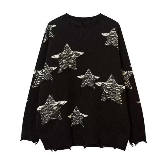 Women Preppy Star Oversized Sweater Loose Fit O-Neck Long Sleeve Pullover Sweater