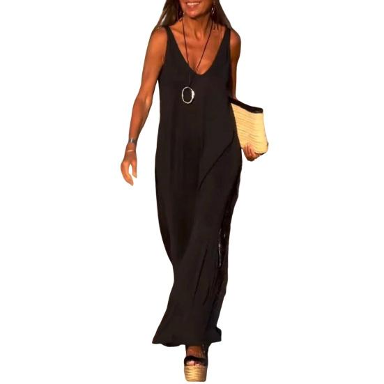 Женское летнее платье-комбинация без рукавов, повседневное платье макси с V-образным вырезом и разрезом, свободный пляжный сарафан, наряд для путешествий и отпуска