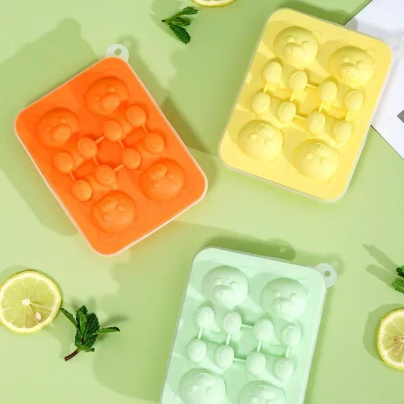 3D Bear Ice Cube Mold Four Grid Silicone Cartoon Bear Candle Mold Diy Handmade Soap Plaster Ice Cube Maker Party Wedding Mold