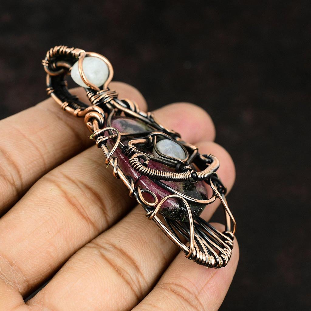 Подвеска из родонита от сглаза, драгоценный камень, обернутый в проволоку, подвеска из лунного камня, медная бижутерия, кулон ручной работы от сглаза, подарок для матери