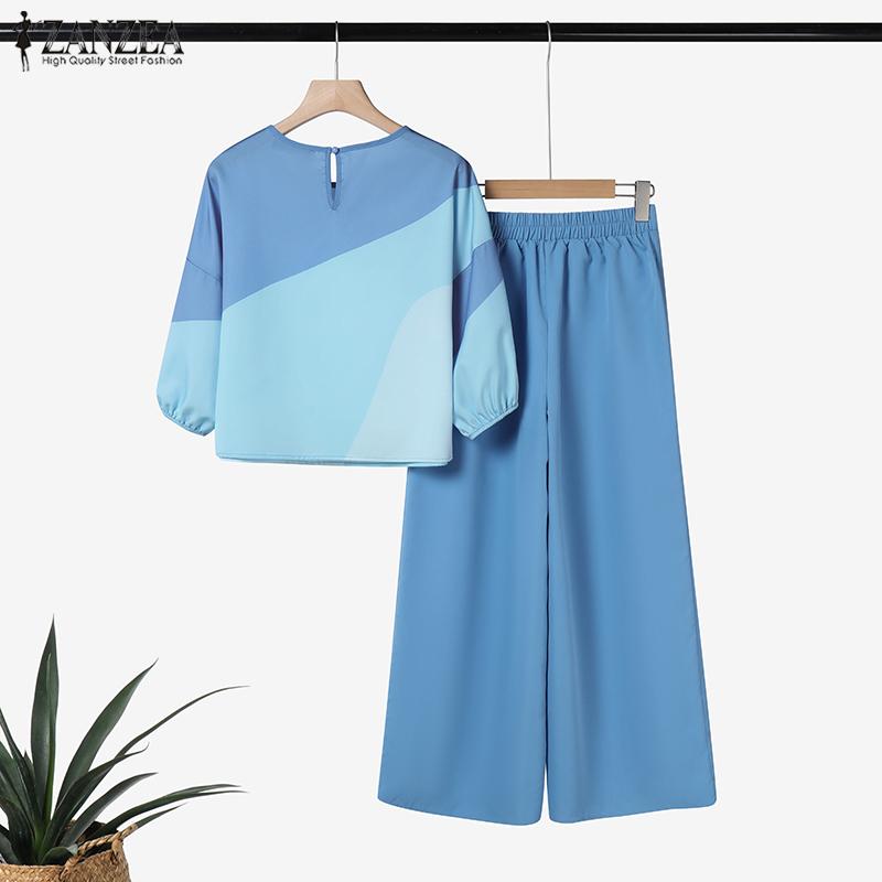 ZANZEA Женские повседневные комплекты из блузки и брюк с принтом из двух предметов