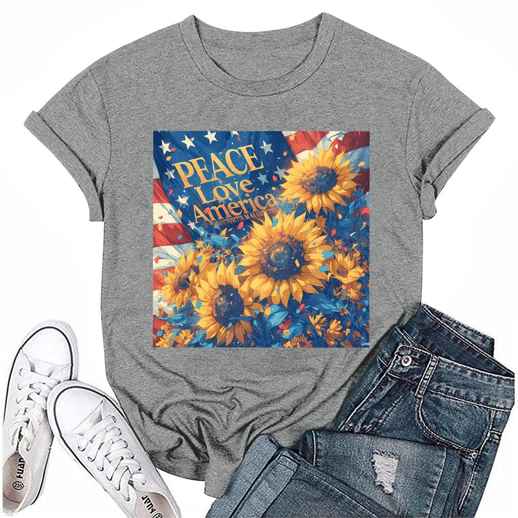 Women's Round Neck Casual Independence Day Printed Short Sleeve T-Shirt Top