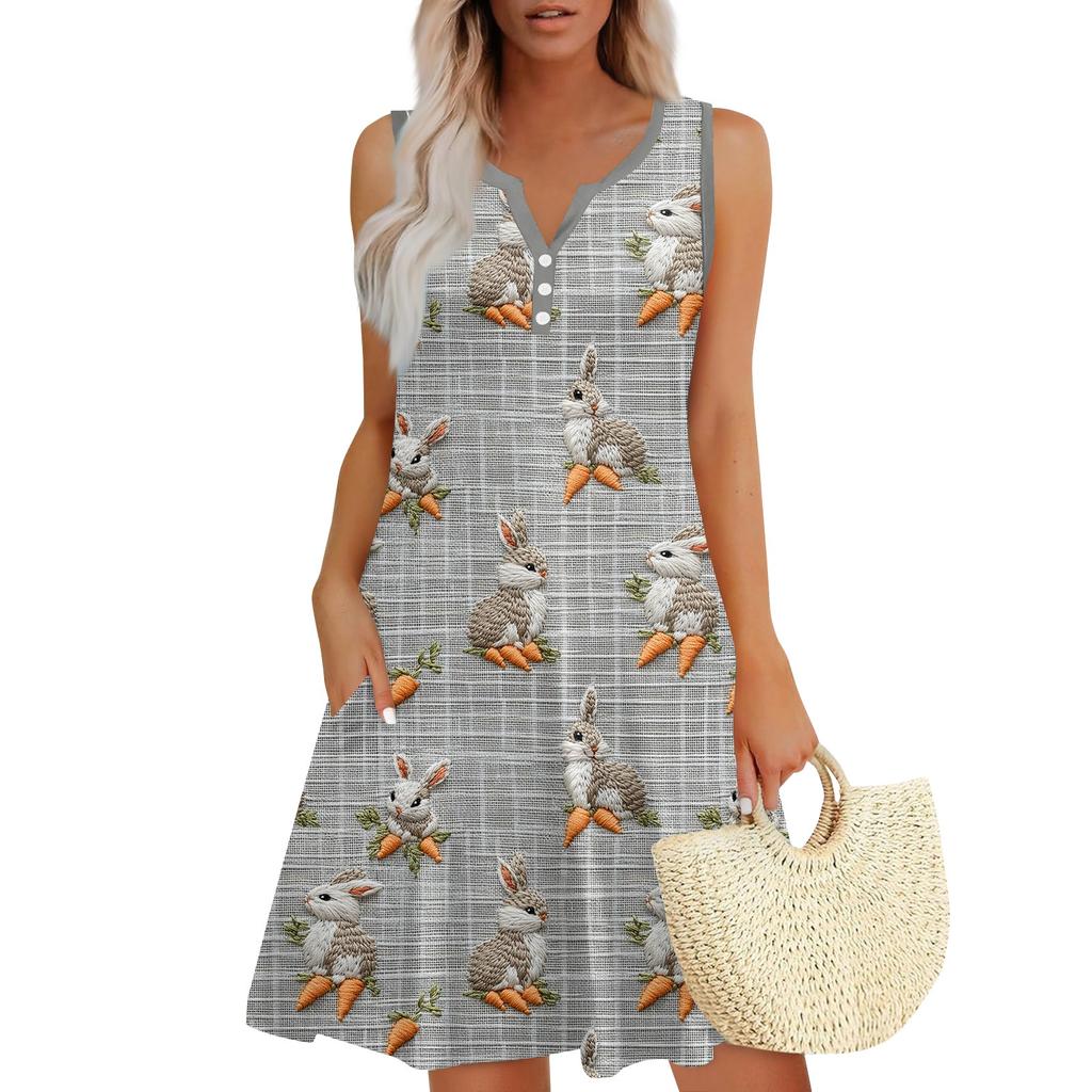 Женское повседневное платье-жилет с V-образным вырезом и боковыми карманами на пуговицах и пасхальным принтом