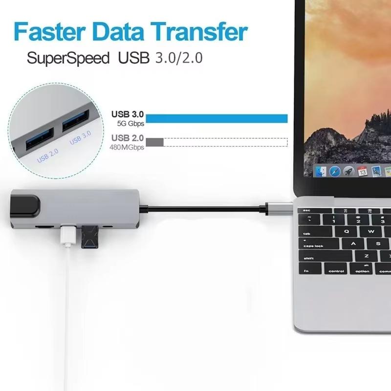 5 в 1 USB C HUB Type C док-станция 4K 30 Гц HDMI-совместимый RJ45 Lan Ethernet разветвитель SD/TF PD 100 Вт адаптер для ноутбука Macbook