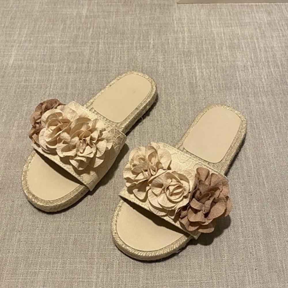 Fashion Women Flower Decoration Flat Slippers Chanese Style Braided Bottom Slip On Women Sandals Summer Soft Lightweight Femme Slides