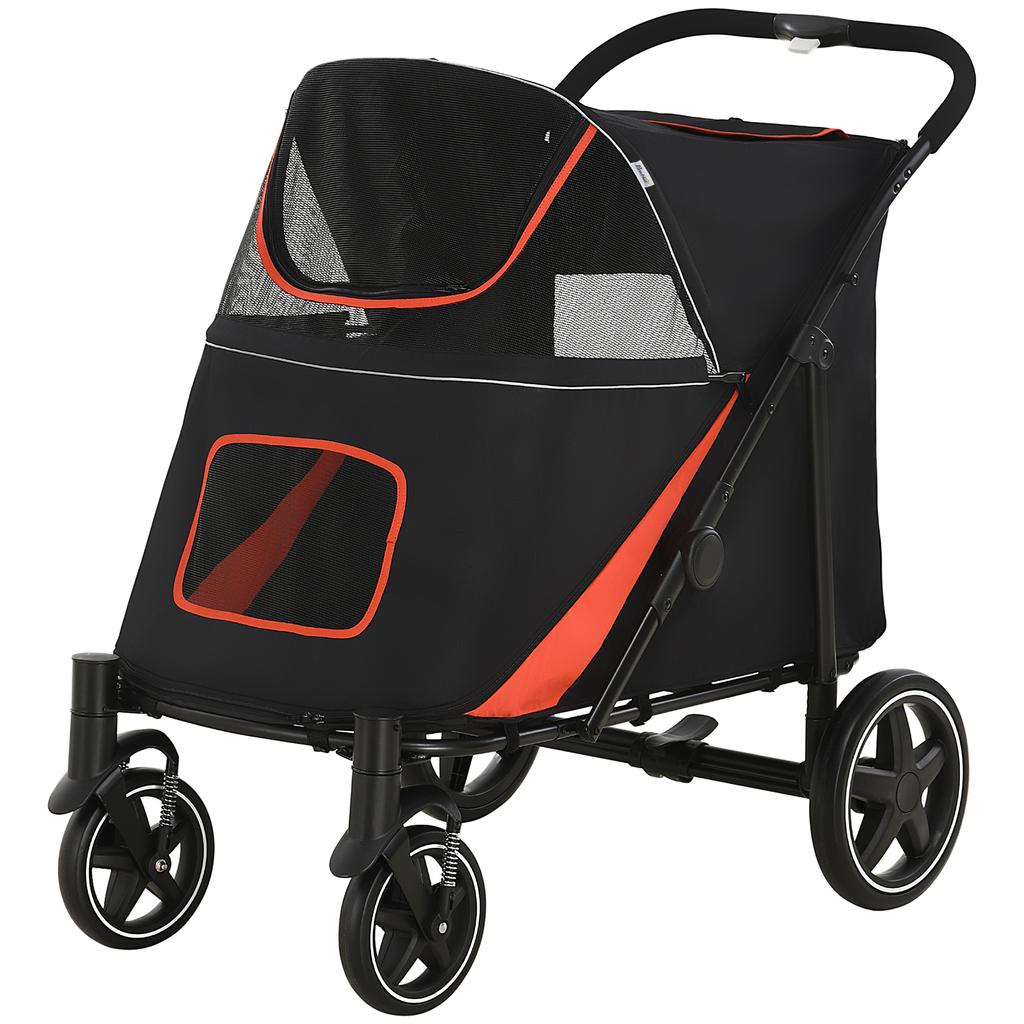 Folding Dog Stroller with Zippered Entrances and Mesh Windows, 112x65x100 cm, Red and Black