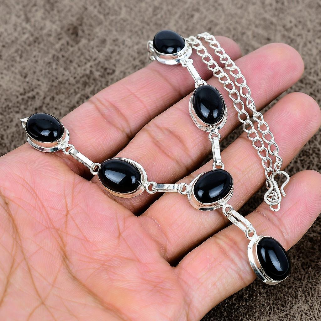 Black Onyx Gemstone Handmade 925 Sterling Silver Jewelry Necklace 18" KKG-402