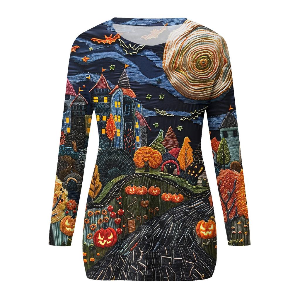 Женская модная повседневная футболка с круглым вырезом и принтом, длинными рукавами и карманами