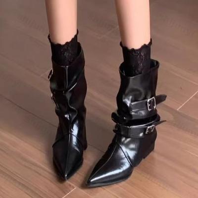 Модные женские ботильоны с острым носком на высоком каблуке, коричневые короткие ботинки, осень 2025, ретро, с ремешком и пряжкой, остроносые ботинки до середины икры, ботинки-трубы для брюк