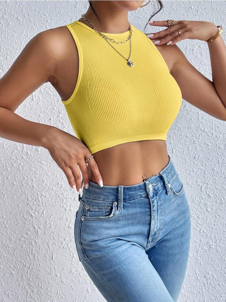 Круглый вырез ребристый топ однотонный укороченный топ женский летний трикотажный топ модный женский укороченный жилет без рукавов Y2K