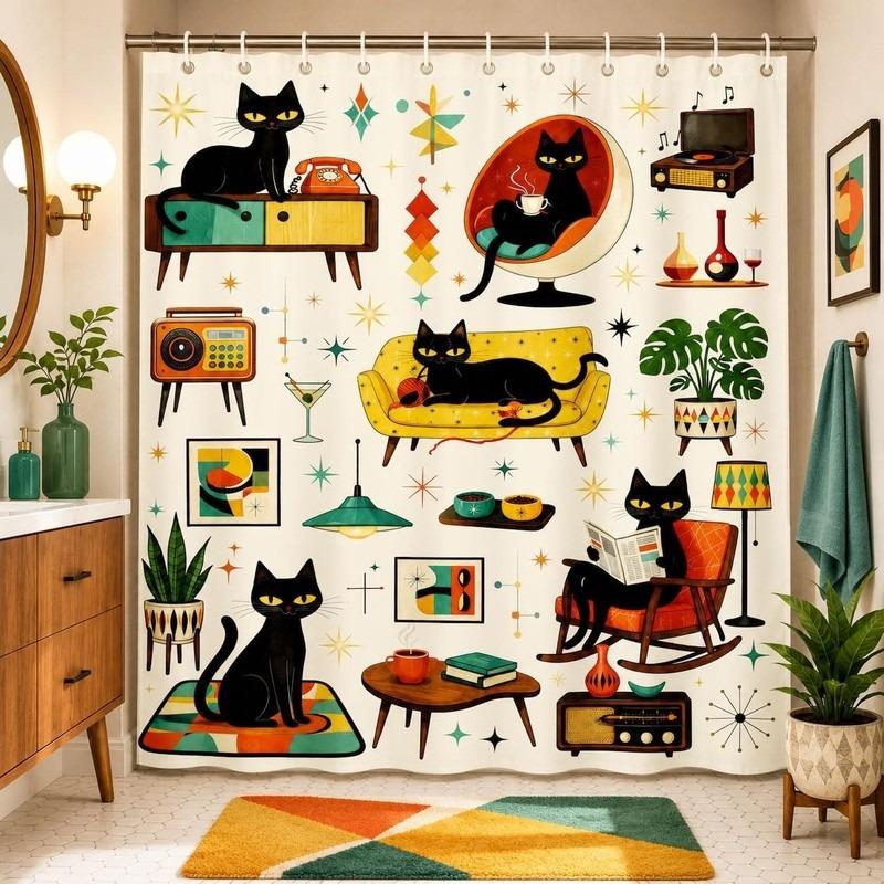 Cartoon Black Cat Geometric Star Fresh Bathroom Shower Curtain No Drill Vintage Decor Set with 12 Hooks Waterproof