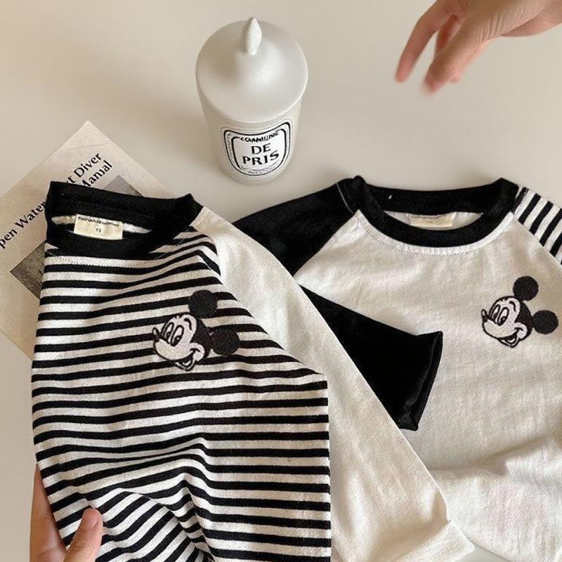 Kids Cotton Long Sleeve T Shirt Embroidered Cartoon Striped Raglan Block Round Neck Top For Boys Girls Baby