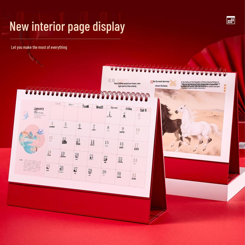 2026 Year of the Horse Chinese Style Custom Table Calendar with Pictures - Creative Desktop Ornament & Office Hollowed-Out Design