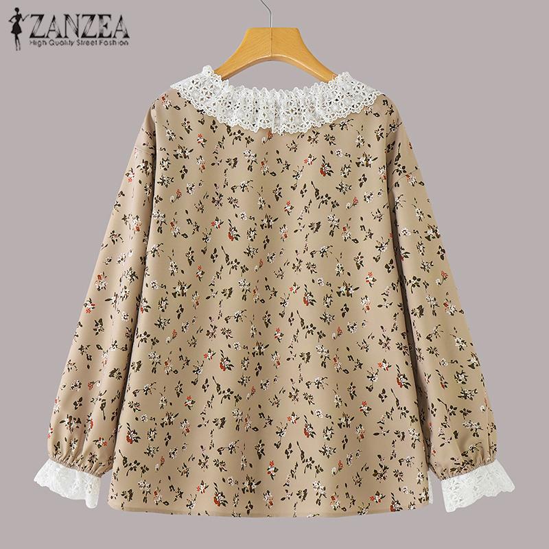 ZANZEA Женские повседневные кружевные блузки с круглым вырезом и цветочным принтом с длинным рукавом