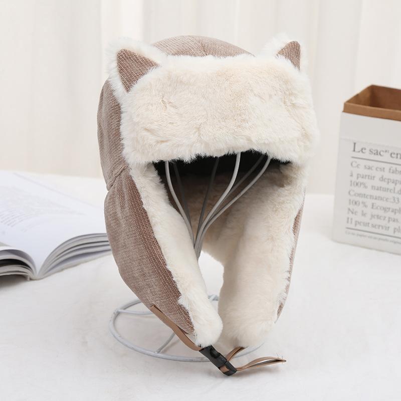 Female Winter Cat's Ears (Steamed Cat-ear Shaped Bread) Lei Feng Hat Plush Thickened Warm Hat Windproof Outdoor Riding Ear Cap