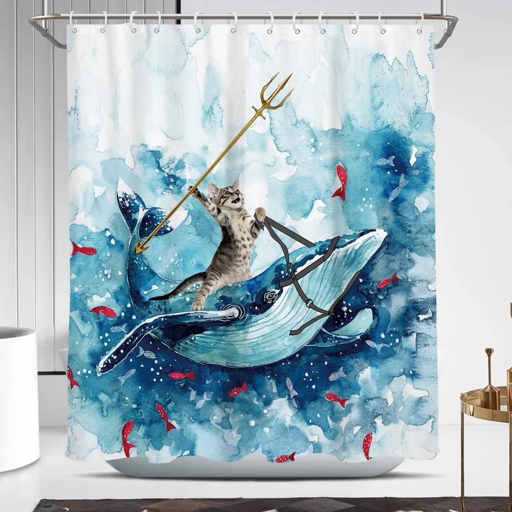 Funny Cat Shower Curtain Cool Cat Riding Shark Seagull On Ocean Sea Blue Waves Kids Creative Design Bathroom Curtain Polyester