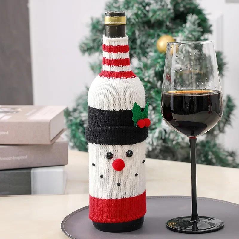 Christmas Wine Bottle Cover Set of 2 Knitted Santa Elk Snowman Cloth Bags for Red Wine Champagne Merry Christmas Happy New Year Decor