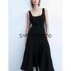 Spring New Women's Clothing Hepburn Style Minimalist Long Wide Shoulder Strap Square Collar Midi Skirt Dress 4088046
