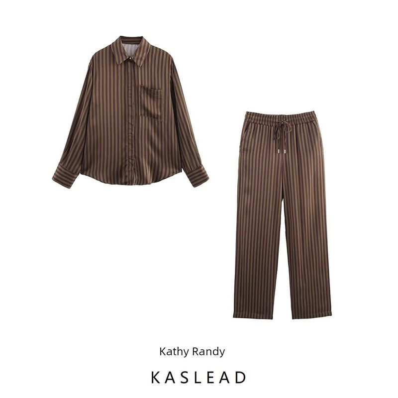 Kaslead New Arrival Women's Fashion Style Stripes Silk Satin Textured Shirt Pants 2298056 2298425