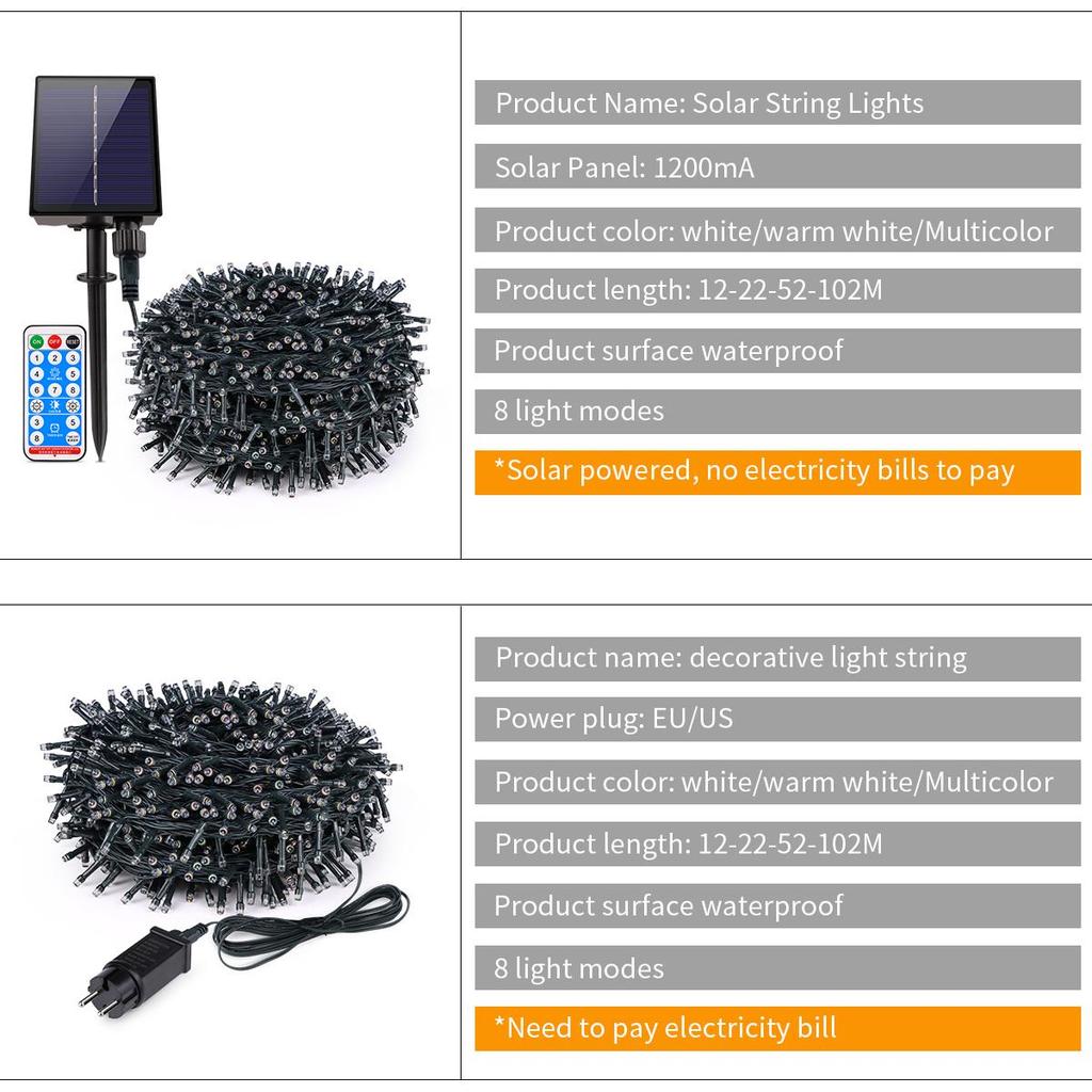220 В уличная солнечная светодиодная гирлянда-лампа 10-100 м водонепроницаемая Фея Свадебная вечеринка праздник сад Рождественский свет украшение