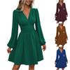 Women's Fashionable Solid Color V Neck Long Sleeved Pleated Versatile Dress