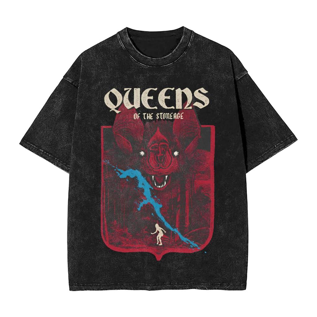 Retro Queen of The Stone Age Band Men's T Shirt Washed Humor Tees Short Sleeve Round Collar T-Shirt Pure Cotton Clothes