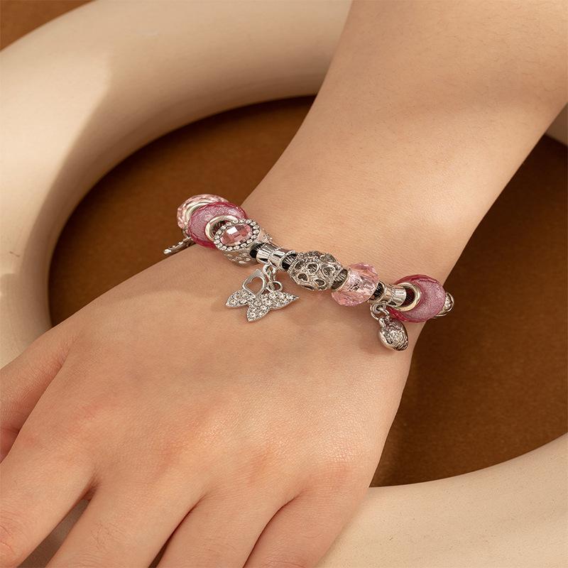 Handmade Beaded Bracelet Leaf Butterfly Pendant Alloy Charms Crystal Rhinestone Wristband for Women Girls