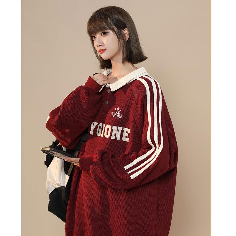 Женский серый свитшот с вышивкой и воротником поло - Свободный крой оверсайз, Тренд весна/осень 2025