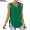 VEZFAA Women's Fashion Casual Summer Spring Solid Color Print Sleeveless V-Neck Blouses & Shirts