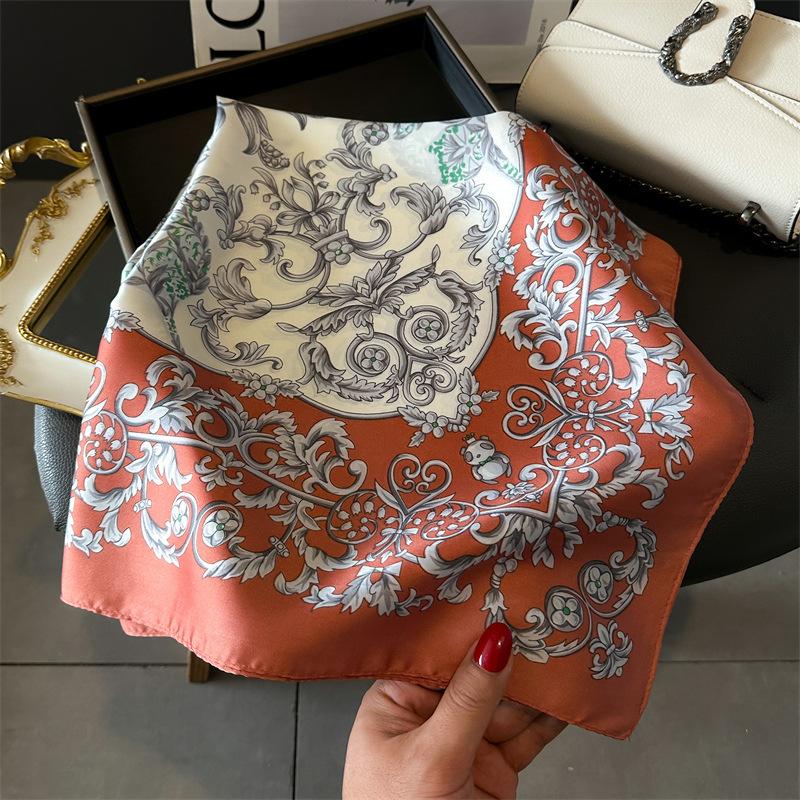 Spring/Summer New70*70cm Square Scarf Breathable Flower Print Neckerchief Women’s Classical Imitation Silk Bandannas