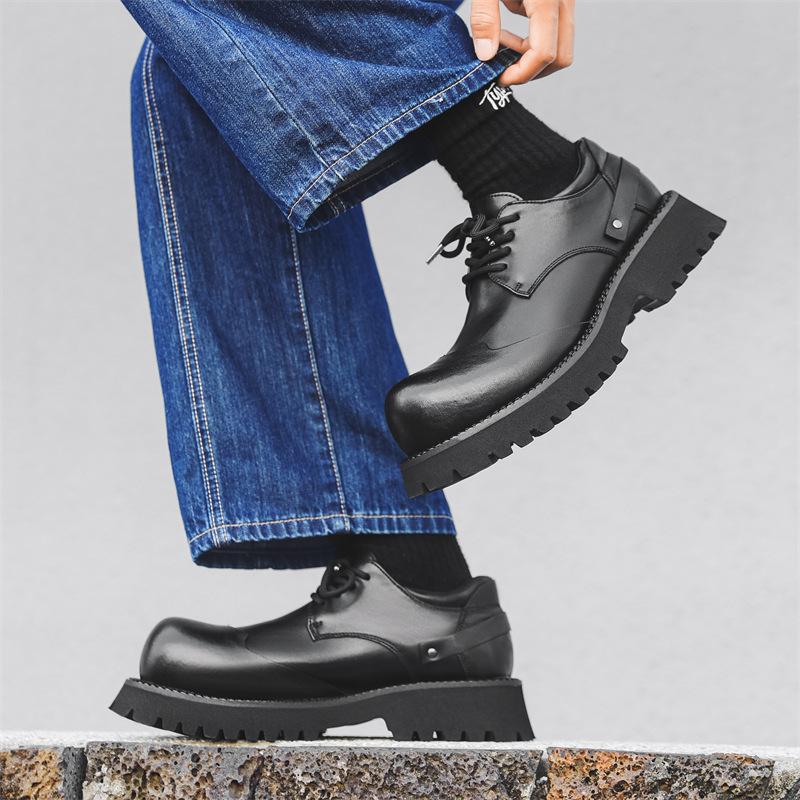 Туфли дерби с большой головой, мужские, толстая подошва, черные, британский стиль, нишевая кожаная обувь 66689-J