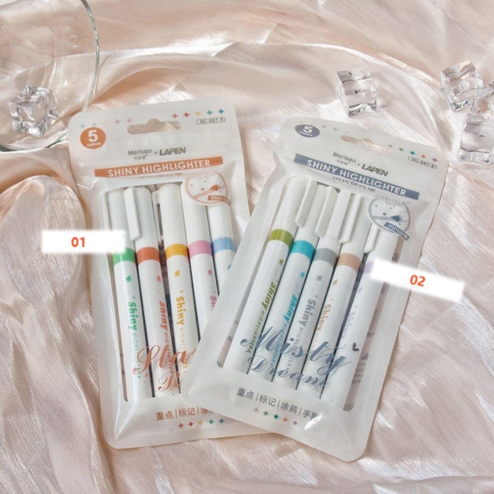 5PCS Plastic Glitter Highlighters High Gloss Fluorescent Pen Draw Doodle Pens Students Gift