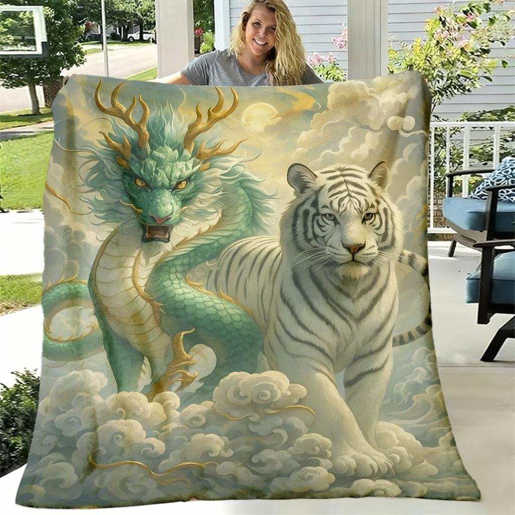 Low-Allergenic Green Dragon & White Tiger Bedspread - Soft Flannel Bed Blanket Suitable for Boys & Girls, - Bedspread for Bed, Sofa, Camping Travel -