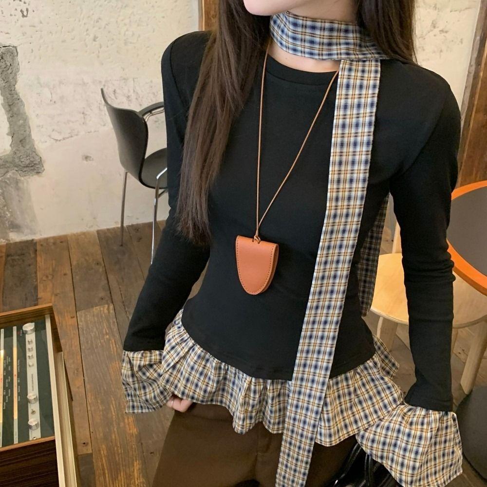 Майки Футболка с имитацией двойки Клетчатая с оборками Приталенный топ Мягкий топ с длинным рукавом Женский
