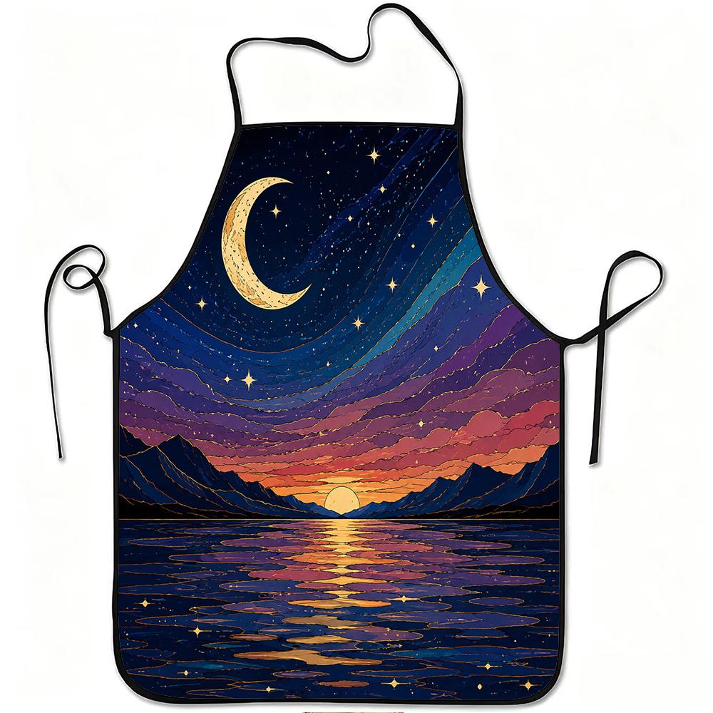 1pc Moon And Sunset Landscape Art Print Apron, Durable And Easy to Clean, Adjustable Waistband, Polyester Material, for Kitchen Cooking, Gardening, Or