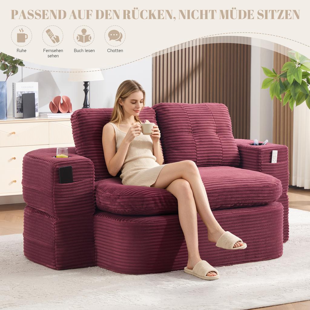 2-in-1 Sleeper Chair Made of Corduroy, Compressed Floor Sofa with Adjustable Armrests, 2 Cup Holders, High Backrest and Extra Deep Seat, Burgundy