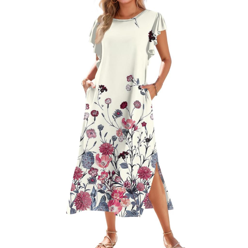 Женское модное летнее повседневное пляжное платье с плиссированными рукавами, свободным ретро-цветочным принтом, короткими рукавами, круглым завязкой и карманом