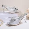 Дизайн бренда Серебристые сандалии с сетчатым ремешком Женские 2025 Лето Блестящее украшение бантом Шлепанцы Сексуальные высокие каблуки Туфли для вечеринки