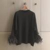 Loose Black Pullover Wool Sweater with Ostrich Feather Stitching - Long Sleeve, Round Neck, Early Autumn Women's Top