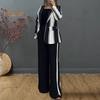 2 Pcs/Set Lady Formal Coat Pants Set Long Sleeves Colorblock Striped Lapel Cardigan Mid Length Jacket Slit Flared Leg High Waist Trousers Formal