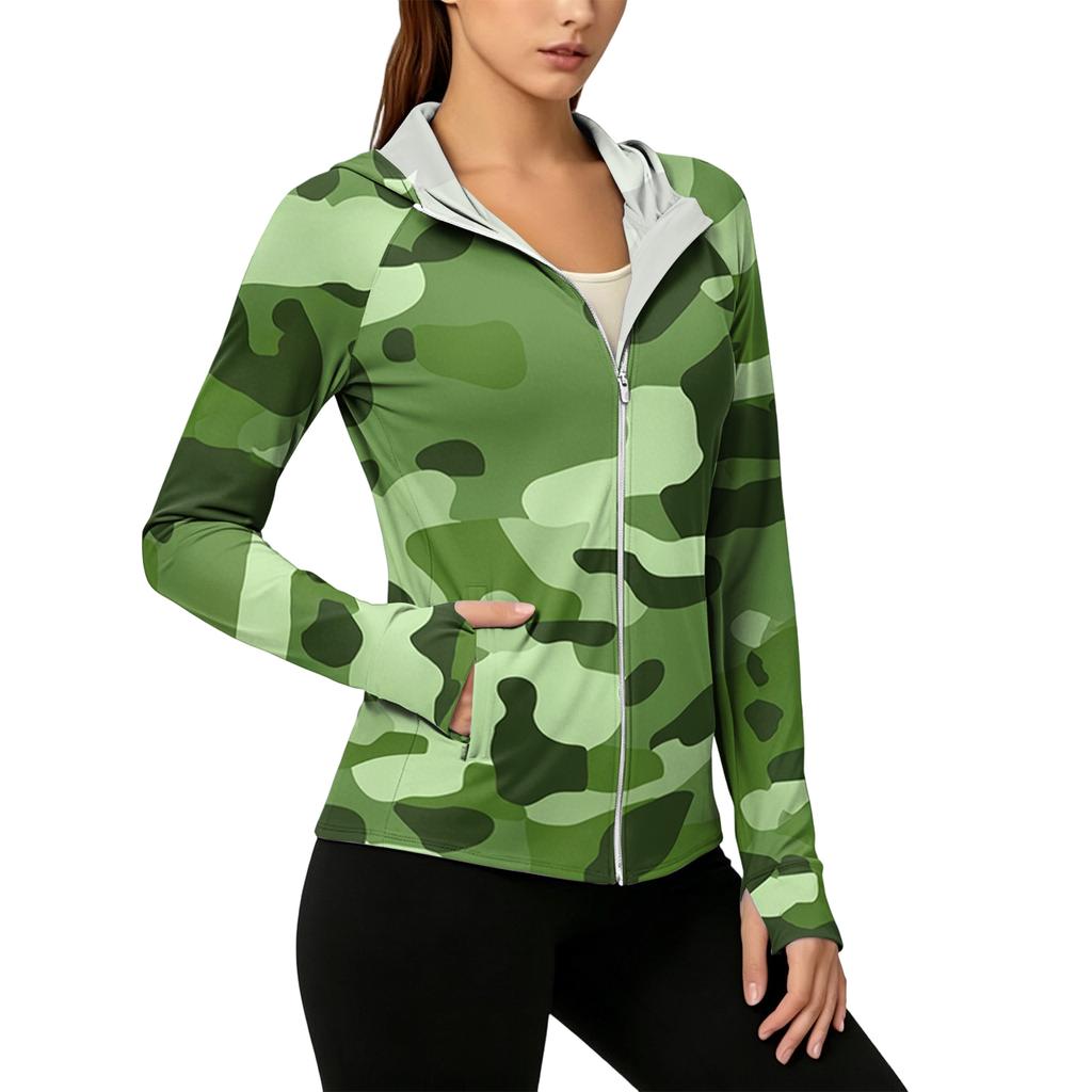 Womens Zip Up Hoodie Lightweight Long Sleeve Camouflage Print Sun Protection Jacket with Hood and Pockets for Outdoor Activities