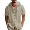 Men's Solid Color Casual Short Sleeved Shirt With Hood And Drawstring Cotton And Linen Cardigan