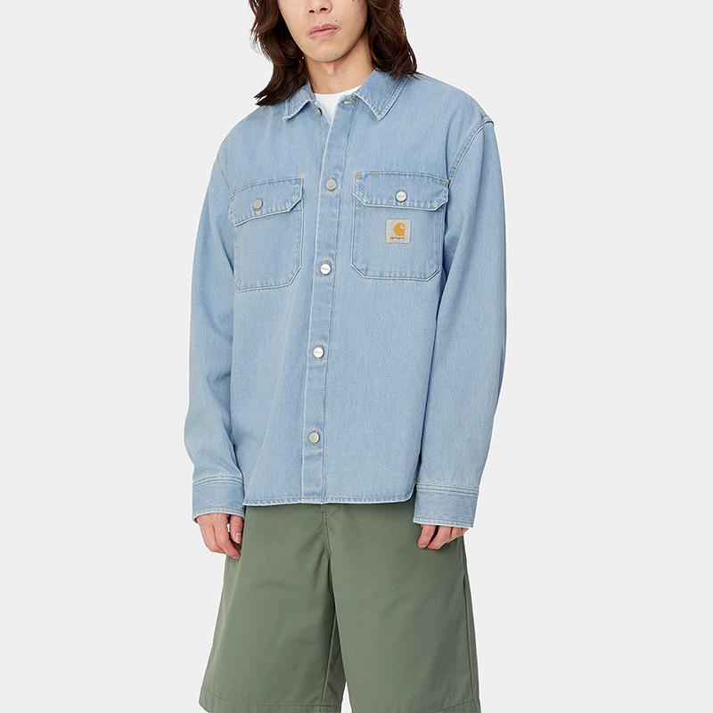 Carhartt WIP Рубашка-жакет Harvey Стирка Застежка на пуговицах Квадратная этикетка Джинсовая куртка Мужские куртки Светло-синий I033346-01-12