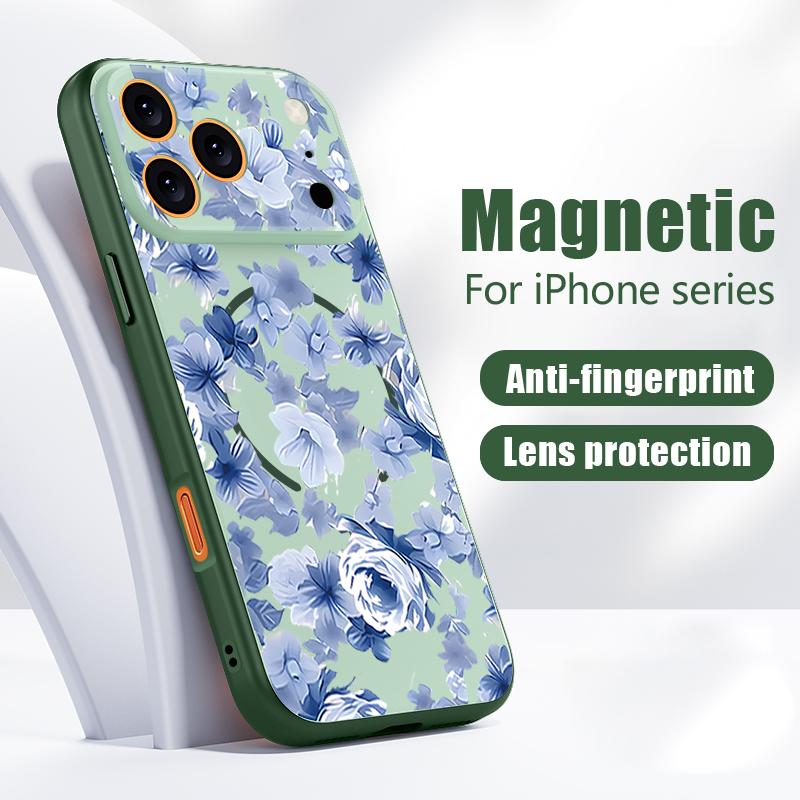 Магнитный Чехол Для Magsafe Для iPhone 17 Pro Max Синий Цветочный Узор Розы Покрытие с Ощущением Кожи Для iPhone 16 15 14 13 Pro Max