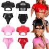 Womens Sexy Clubwear Moto&Biker Style Nightclub Performance Costume Pole Dance Disco Party Leather Lingerie Set Crop Top Shorts