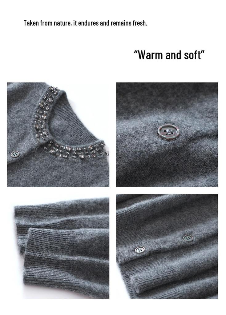Autumn/Winter 2026 Women's Pure Wool Rhinestone Knit Cardigan - Round Neck, Long Sleeve, Solid Color