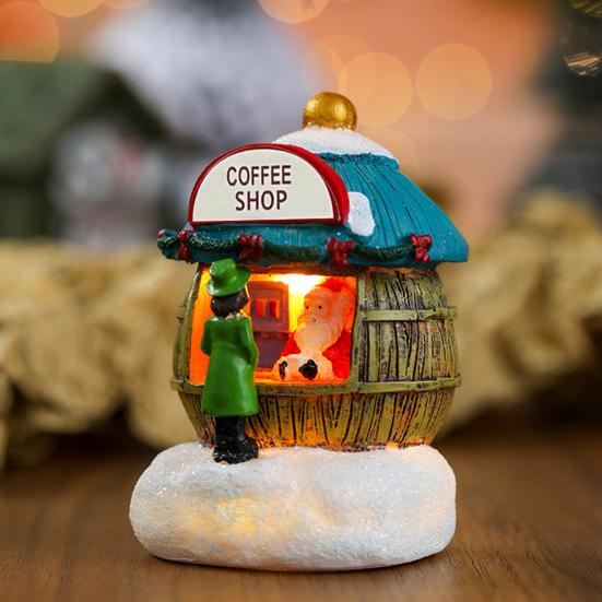 Christmas Winter Village House Ornaments Mini Light-up Christmas Shop with Santa Resin Desktop Figurine Holiday Home Decor